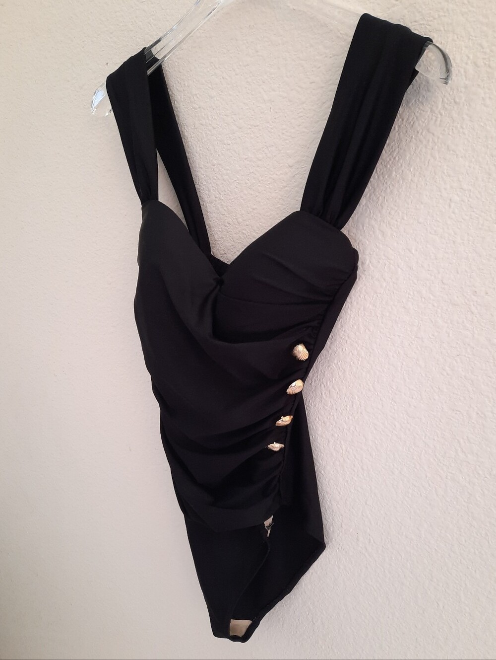 Vintage Gottex Black Ruched One-Piece Swimsuit with Gold Shell Button Accents